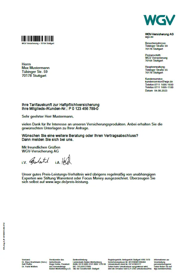 Beispiel einer Tarifauskunft, in der zweiten Zeile des Betreffes steht die Mitglieds-/kundennummer.