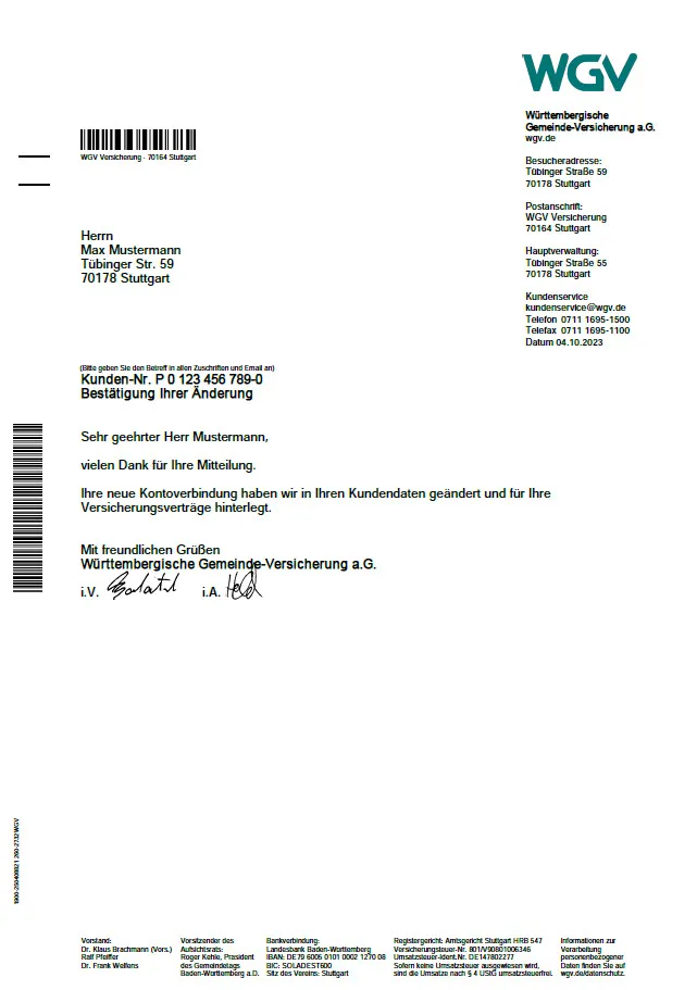 Beispielmitteilung über eine Kontoänderung. Die Kundennummer steht im Betreff.