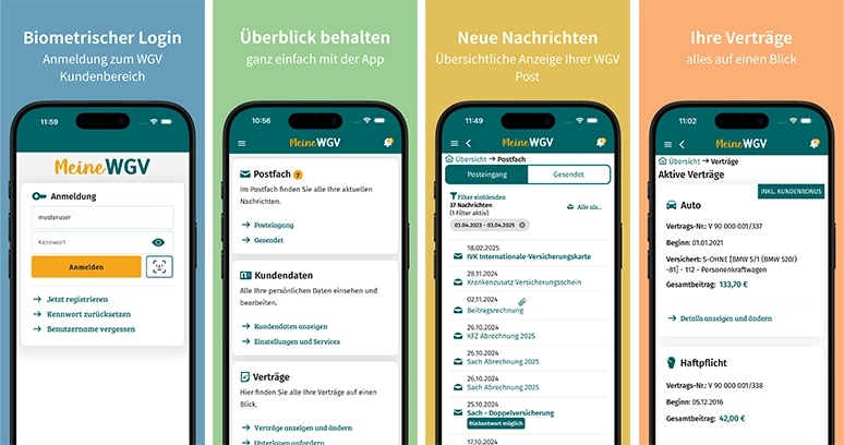 WGV App mit Funktionen für Login, Postfach, Nachrichten und Verträge
