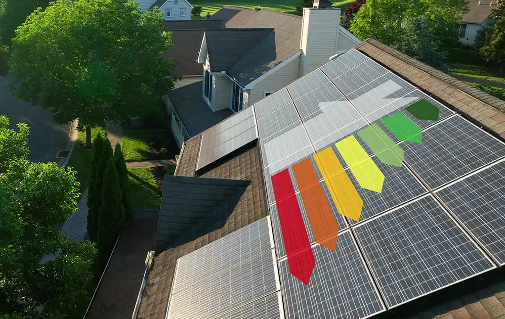 Hausdach mit Pho­to­vol­ta­ikanlage. Auf dem Dach sind die farbigen Balken der Energieeffizienzklassen abgebildet.