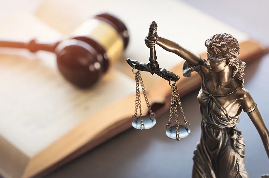 Bild einer Justitia-Figur und eines Gesetzestextes.