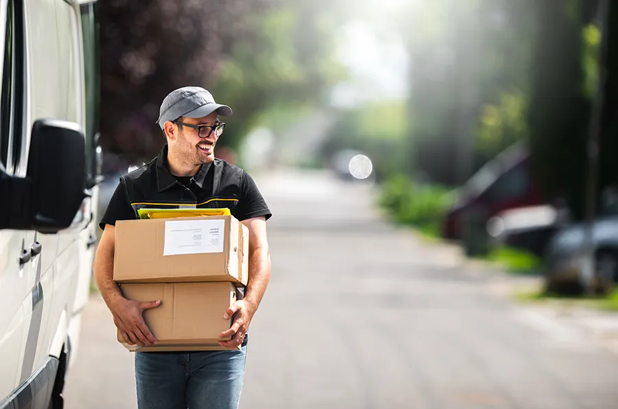 Ein Paketbote trägt Pakete.