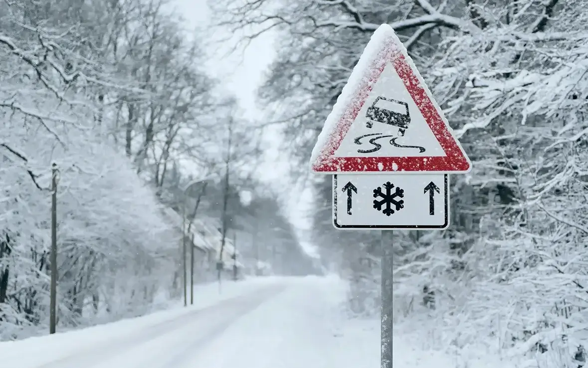 Ein zugeschneites Schild, das vor Glätte auf den Straßen warnt.