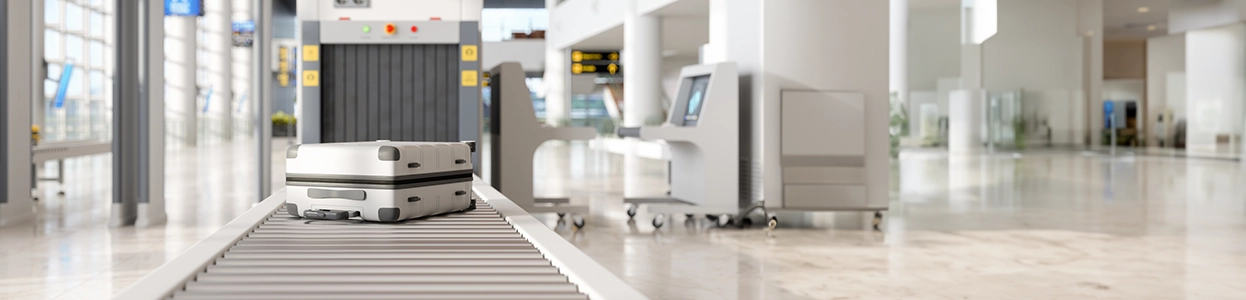 Gepäckstück auf Förderband bei der Sicherheitskontrolle im Flughafen
