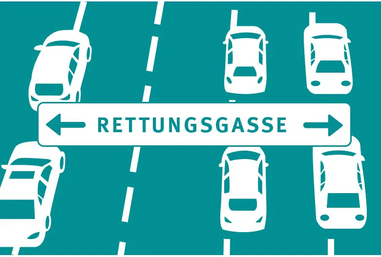Grafik mit Autos auf mehreren Fahrspuren, die eine Rettungsgasse bilden, mit dem Hinweis 'Rettungsgasse