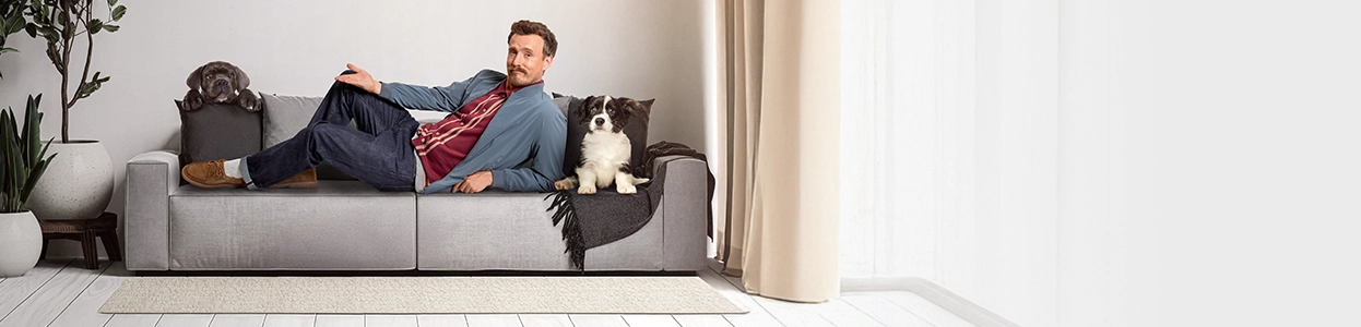 Ein entspannter Mann liegt auf dem Sofa mit mehreren Hunden um ihn herum.