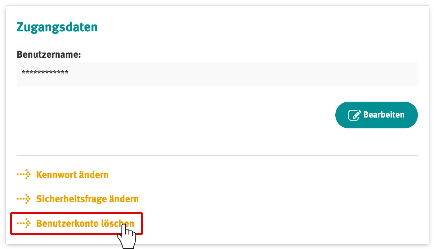 Klick auf Benutzerkonto löschen