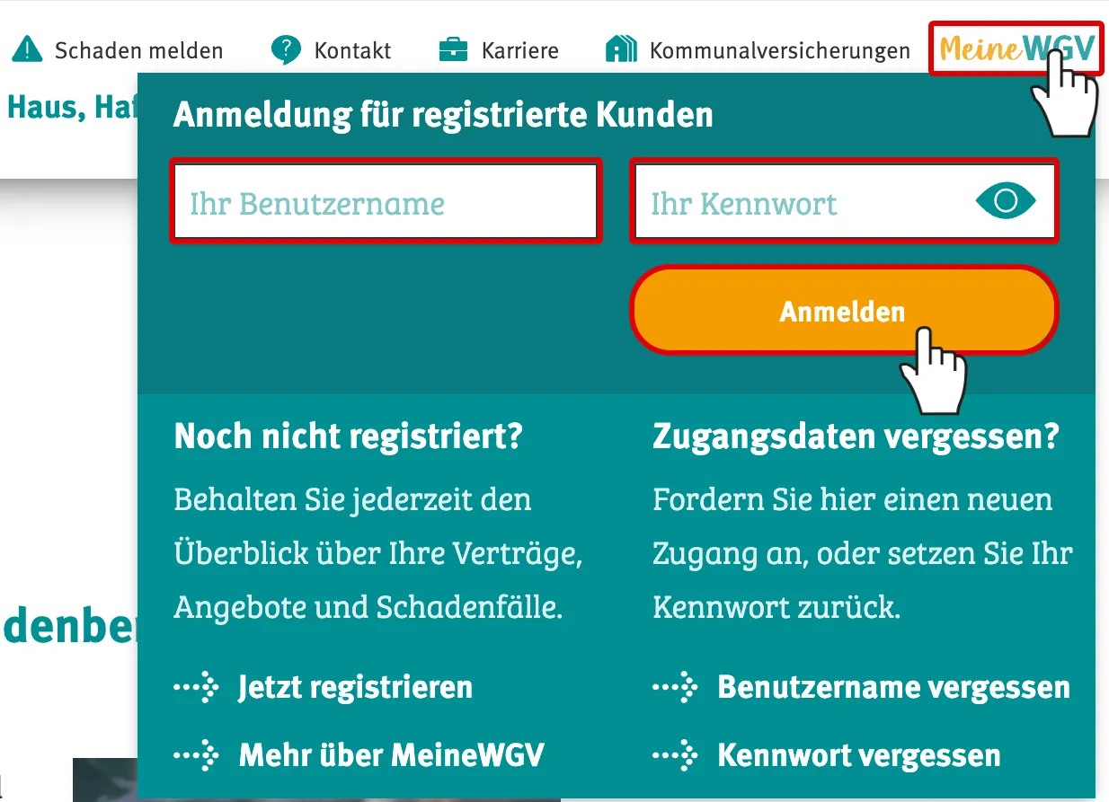 Klick auf MeineWGV Button und Anmeldung